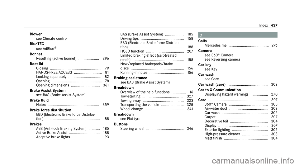 MERCEDES-BENZ E-CLASS COUPE 2020  Owners Manual Blo
wer
see Climate control
BlueTEC see AdBlue ®
Bonn et
Re setting (active bonnet) .................... 296
Boot lid Closing .................................................. 79
HANDS-FREE ACCESS . MERCEDES-BENZ E-CLASS COUPE 2020  Owners Manual Blo
wer
see Climate control
BlueTEC see AdBlue ®
Bonn et
Re setting (active bonnet) .................... 296
Boot lid Closing .................................................. 79
HANDS-FREE ACCESS .