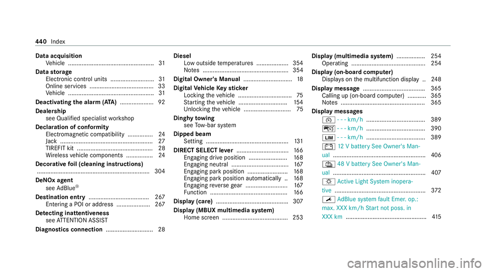 MERCEDES-BENZ E-CLASS COUPE 2020  Owners Manual Data acquisition
Vehicle ................................................... 31
Data storage
Electronic control units .......................... 31
Online services ....................................