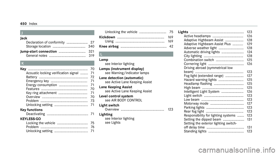 MERCEDES-BENZ E-CLASS COUPE 2020  Owners Manual J
Jack Declaration of conformity ......................27
St orage location ..................................3 40
Jump-start connection ............................ 321
Gene ral no tes ..............
