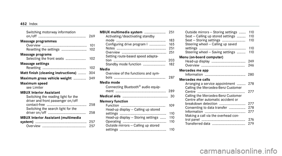 MERCEDES-BENZ E-CLASS COUPE 2020  Owners Manual Switching mo
torw ay information
on/off ................................................ .269
Massage prog rammes
Overview .............................................. 101
Re setting the settings ..