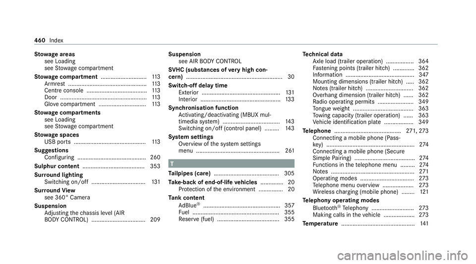 MERCEDES-BENZ E-CLASS COUPE 2020  Owners Manual St
ow age areas
see Loading
see Stow age compartment
St ow age comp artment............................ 11 3
Armrest ................................................ 11 3
Centre console ..............
