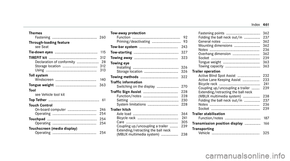 MERCEDES-BENZ E-CLASS COUPE 2020  Owners Manual Themes
Fastening ............................................. 260
Through-loading feature
see Seat
Ti e-d owney es .......................................... .115
TIREFIT kit ........................