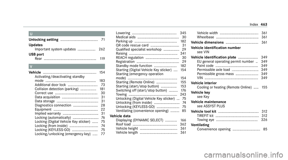 MERCEDES-BENZ E-CLASS COUPE 2020  Owners Manual U
Un locking setting ...................................... 71
Up dates
Impor tant sy stem updates .................. 262
USB port Rear .................................................... .119 V
Ve h