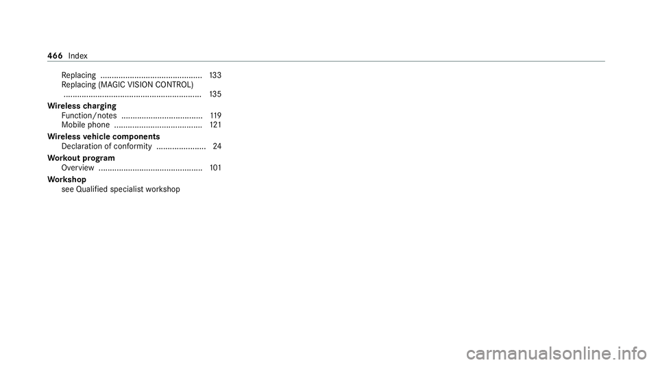 MERCEDES-BENZ E-CLASS COUPE 2020  Owners Manual Re
placing .............................................1 33
Re placing (MAGIC VISION CONTROL)
.............................................................1 35
Wire lesscharging
Fu nction/no tes ....