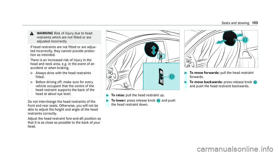 MERCEDES-BENZ E-CLASS COUPE 2018 Owners Manual &
WARNING Risk of inju rydue tohead
re stra ints which are not fitted or are
adjus ted inco rrectly
If head restra ints are not fitted or are adjus‐
te d incor rectl y,they cannot pr ovide pr otec MERCEDES-BENZ E-CLASS COUPE 2018 Owners Manual &
WARNING Risk of inju rydue tohead
re stra ints which are not fitted or are
adjus ted inco rrectly
If head restra ints are not fitted or are adjus‐
te d incor rectl y,they cannot pr ovide pr otec