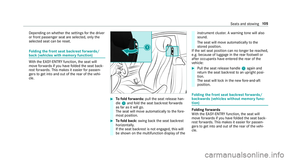 MERCEDES-BENZ E-CLASS COUPE 2018 Owners Manual Depending on wh
ether the settings forth e driver
or front passenger seat are selected, only the
selected seat can be reset. Fo
lding the front seat backrest forw ards/
back (vehicles with memo ryfunc MERCEDES-BENZ E-CLASS COUPE 2018 Owners Manual Depending on wh
ether the settings forth e driver
or front passenger seat are selected, only the
selected seat can be reset. Fo
lding the front seat backrest forw ards/
back (vehicles with memo ryfunc