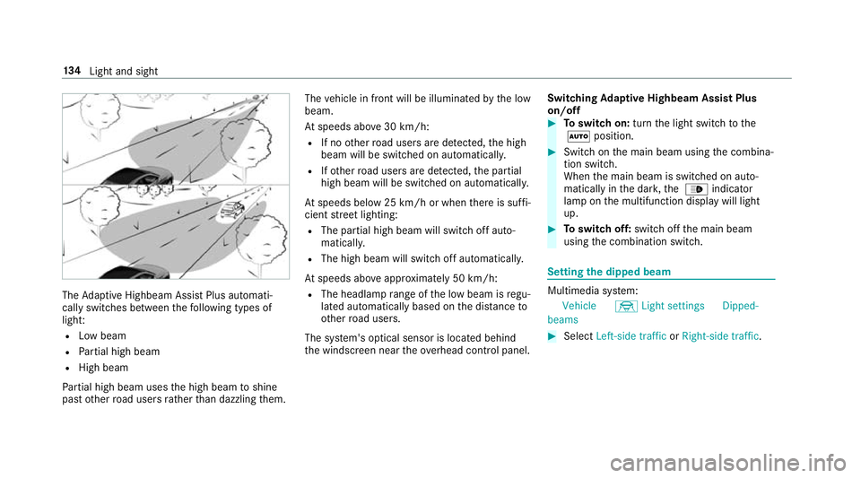 MERCEDES-BENZ E-CLASS COUPE 2018 Owners Manual The
Adaptive Highbeam Assist Plus automati‐
cally swit ches between thefo llowing types of
light:
R Low beam
R Partial high beam
R High beam
Pa rtial high beam uses the high beam toshine
past other MERCEDES-BENZ E-CLASS COUPE 2018 Owners Manual The
Adaptive Highbeam Assist Plus automati‐
cally swit ches between thefo llowing types of
light:
R Low beam
R Partial high beam
R High beam
Pa rtial high beam uses the high beam toshine
past other