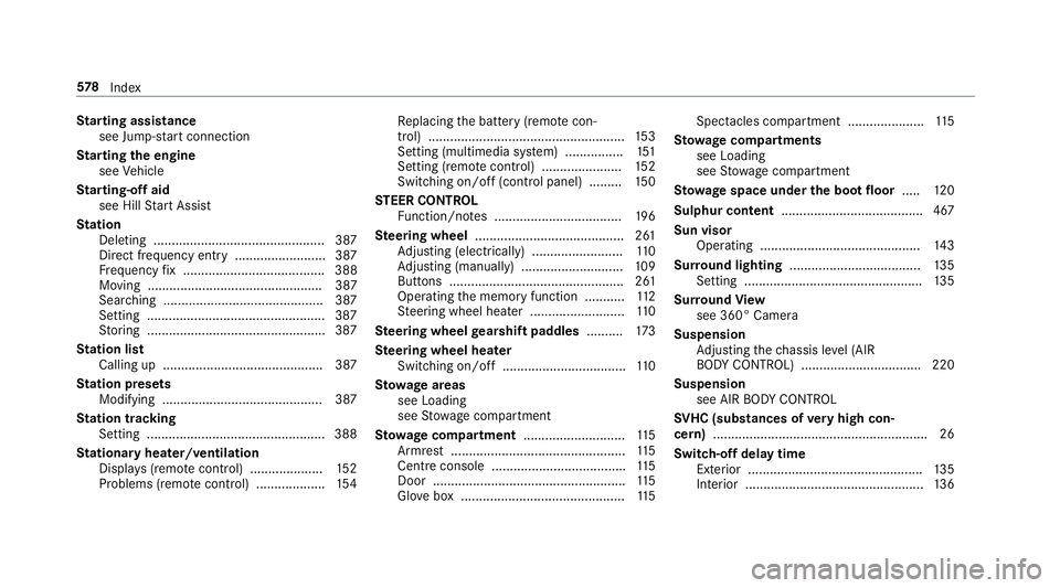 MERCEDES-BENZ E-CLASS COUPE 2018 Owners Manual St
arting assi stance
see Jump -star t connection
St arting the engine
see Vehicle
St arting-o ffaid
see Hill Start Assist
St ation
Deleting ............................................... 387
Direct MERCEDES-BENZ E-CLASS COUPE 2018 Owners Manual St
arting assi stance
see Jump -star t connection
St arting the engine
see Vehicle
St arting-o ffaid
see Hill Start Assist
St ation
Deleting ............................................... 387
Direct