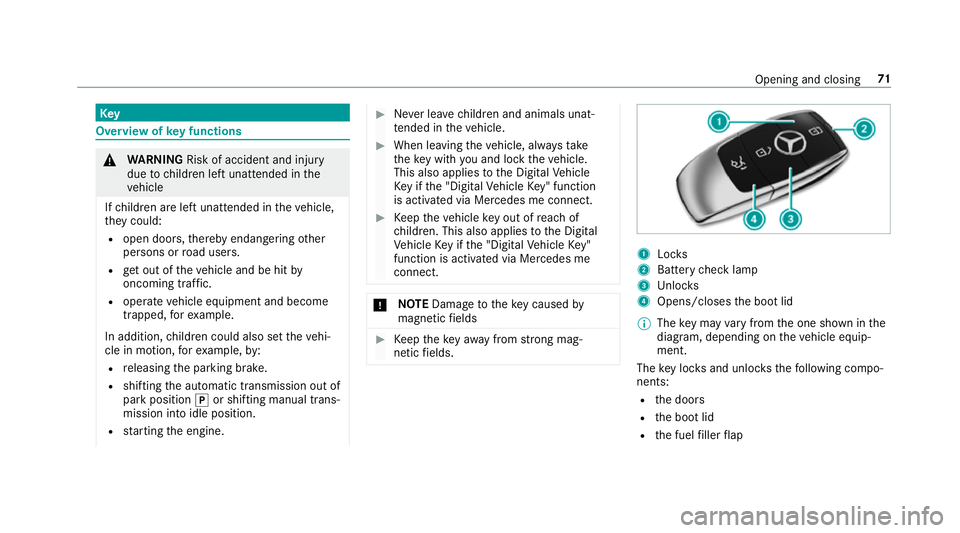 MERCEDES-BENZ E-CLASS COUPE 2018 Manual PDF Key
Overview of
key functions &
WARNING Risk of accident and inju ry
due tochildren left unat tended in the
ve hicle
If ch ildren are left unat tended in theve hicle,
th ey could:
R open doo rs,th ere