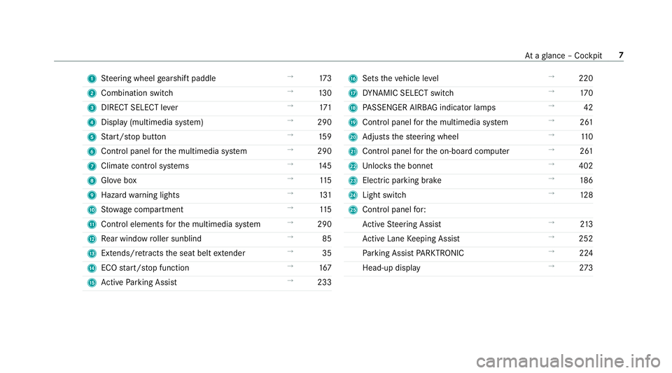 MERCEDES-BENZ E-CLASS COUPE 2018  Owners Manual 1
Steering wheel gearshift paddle →
173
2 Combination swit ch →
13 0
3 DIRECT SELECT le ver →
171
4 Displ ay(multimedia sy stem) →
290
5 Start/ stop button →
15 9
6 Control panel forth e mul