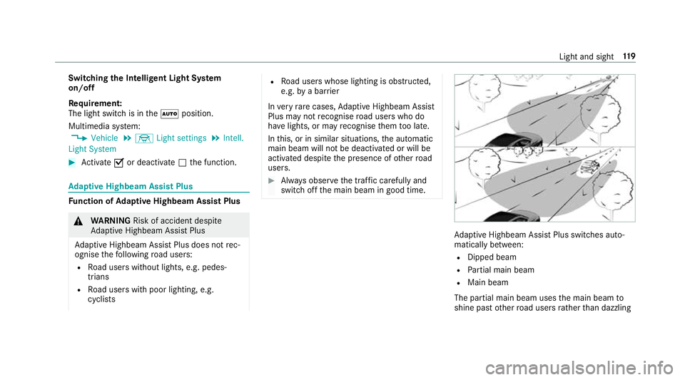 MERCEDES-BENZ E-CLASS COUPE 2017 Owners Manual Switching
the Intelligent Light Sy stem
on/off
Re quirement:
The light switch is in theà position.
Multimedia sy stem:
, Vehicle .
÷ Light settings .
Intell.
Light System #
Activate Oor deacti vate MERCEDES-BENZ E-CLASS COUPE 2017 Owners Manual Switching
the Intelligent Light Sy stem
on/off
Re quirement:
The light switch is in theà position.
Multimedia sy stem:
, Vehicle .
÷ Light settings .
Intell.
Light System #
Activate Oor deacti vate