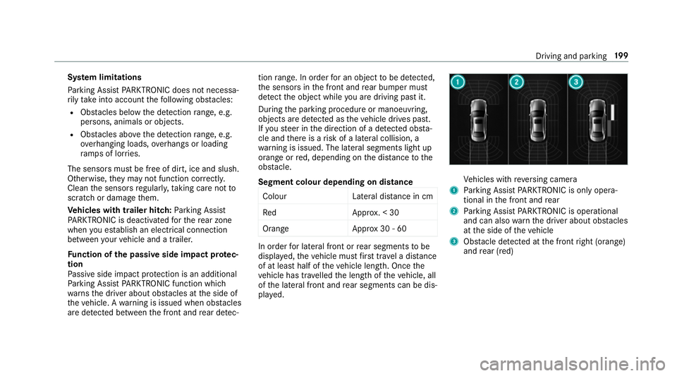MERCEDES-BENZ E-CLASS COUPE 2017 Owners Manual Sy
stem limitations
Pa rking Assist PARKTRONIC does not necessa‐
ri ly take into account thefo llowing obs tacles:
R Obs tacles bel ow the detection range, e.g.
pe rsons, animals or objects.
R Obs t MERCEDES-BENZ E-CLASS COUPE 2017 Owners Manual Sy
stem limitations
Pa rking Assist PARKTRONIC does not necessa‐
ri ly take into account thefo llowing obs tacles:
R Obs tacles bel ow the detection range, e.g.
pe rsons, animals or objects.
R Obs t