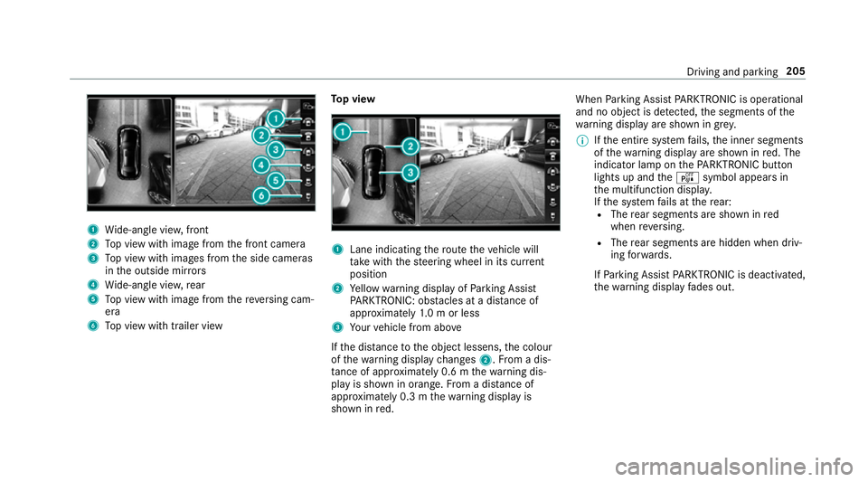MERCEDES-BENZ E-CLASS COUPE 2017 Owners Manual 1
Wide-angle vie w,front
2 Top view with image from the front camera
3 Top view with images from the side cameras
in the outside mir rors
4 Wide-angle vie w,rear
5 Top view with image from there ve rs MERCEDES-BENZ E-CLASS COUPE 2017 Owners Manual 1
Wide-angle vie w,front
2 Top view with image from the front camera
3 Top view with images from the side cameras
in the outside mir rors
4 Wide-angle vie w,rear
5 Top view with image from there ve rs
