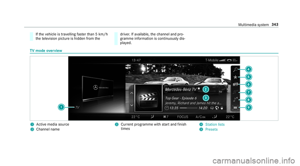 MERCEDES-BENZ E-CLASS COUPE 2017 Owners Manual If
th eve hicle is tr avelling faster than 5 km/h
th ete levision picture is hidden from the driver. If
available, thech annel and pro‐
gr amme information is continuously dis‐
pla yed. TV
mode ov MERCEDES-BENZ E-CLASS COUPE 2017 Owners Manual If
th eve hicle is tr avelling faster than 5 km/h
th ete levision picture is hidden from the driver. If
available, thech annel and pro‐
gr amme information is continuously dis‐
pla yed. TV
mode ov