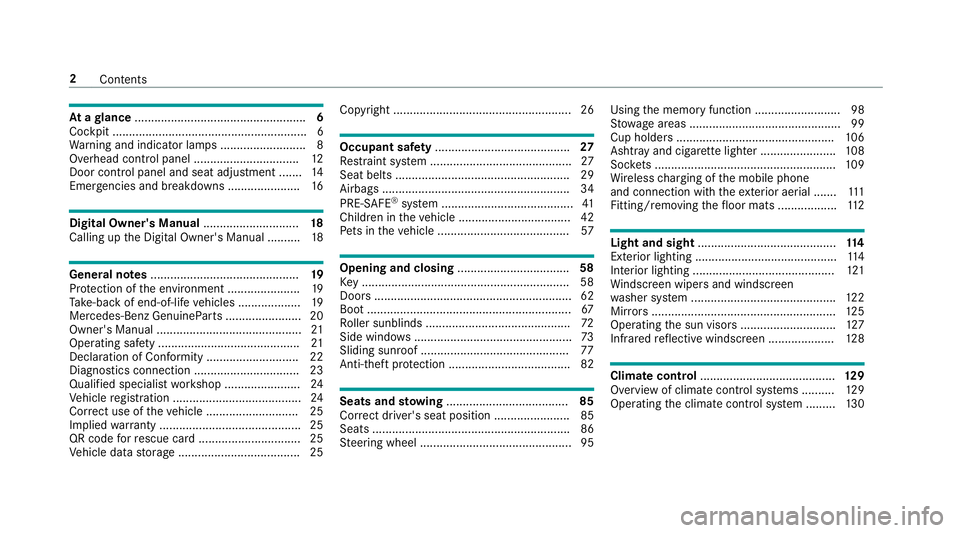 MERCEDES-BENZ E-CLASS COUPE 2017  Owners Manual At
agl ance .................................................... 6
Cockpit ........................................................... 6
Wa rning and indicator lamps .......................... 8
Overh