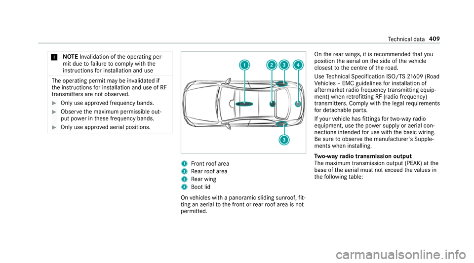 MERCEDES-BENZ E-CLASS COUPE 2017 Owners Manual *
NO
TEInva lidation of the operating per‐
mit due tofailure tocomply wi th the
instructions for ins tallation and use The operating permit may be in
validated if
th e instructions for ins tallation MERCEDES-BENZ E-CLASS COUPE 2017 Owners Manual *
NO
TEInva lidation of the operating per‐
mit due tofailure tocomply wi th the
instructions for ins tallation and use The operating permit may be in
validated if
th e instructions for ins tallation