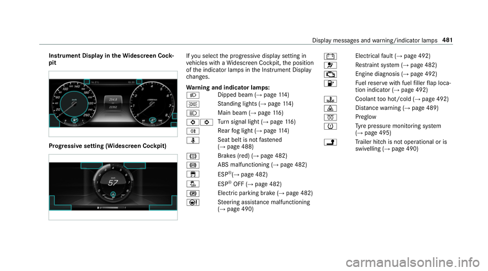 MERCEDES-BENZ E-CLASS COUPE 2017 Owners Manual Instrument Display in
theWi descreen Co ck‐
pit Prog
ressive setting (Widescreen Cockpit) If
yo u select the progressive display setting in
ve hicles with a Widescreen Cockpit, the position
of the i MERCEDES-BENZ E-CLASS COUPE 2017 Owners Manual Instrument Display in
theWi descreen Co ck‐
pit Prog
ressive setting (Widescreen Cockpit) If
yo u select the progressive display setting in
ve hicles with a Widescreen Cockpit, the position
of the i
