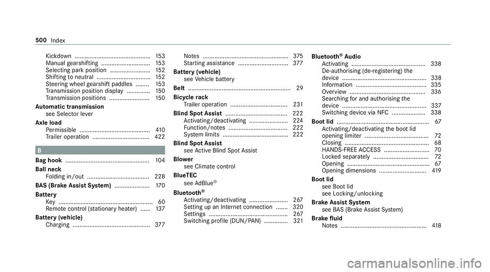 MERCEDES-BENZ E-CLASS COUPE 2017  Owners Manual Kickdown .............................................
15 3
Manual gearshifting ............................ .153
Selecting park position ........................ 15 2
Shifting toneutral .............