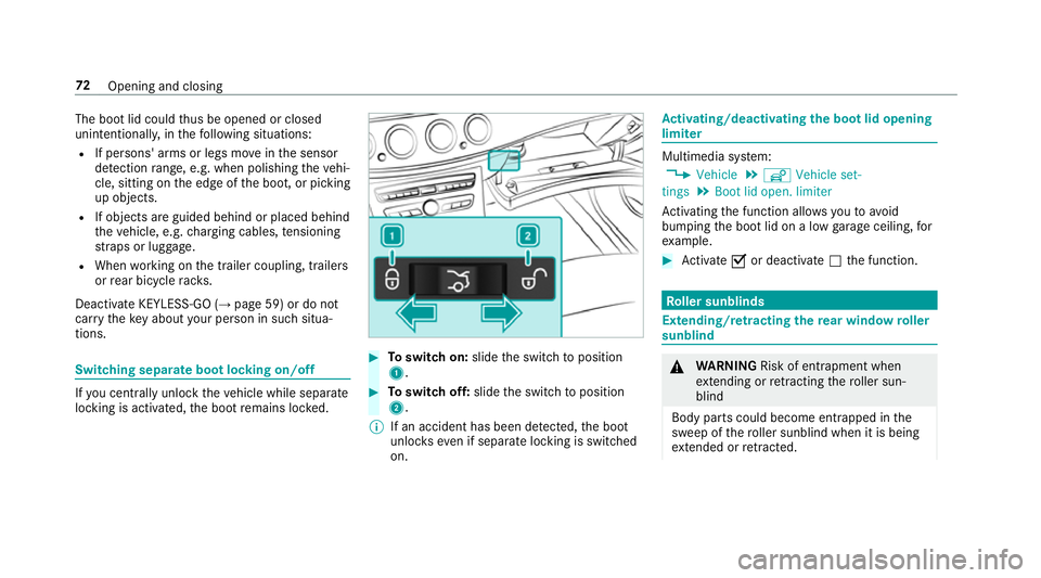MERCEDES-BENZ E-CLASS COUPE 2017 Manual PDF The boot lid could
thus be opened or closed
unin tentional ly, in thefo llowing situations:
R If persons' arms or legs mo veinthe sensor
de tection range, e.g. when polishing theve hi‐
cle, sitt MERCEDES-BENZ E-CLASS COUPE 2017 Manual PDF The boot lid could
thus be opened or closed
unin tentional ly, in thefo llowing situations:
R If persons' arms or legs mo veinthe sensor
de tection range, e.g. when polishing theve hi‐
cle, sitt
