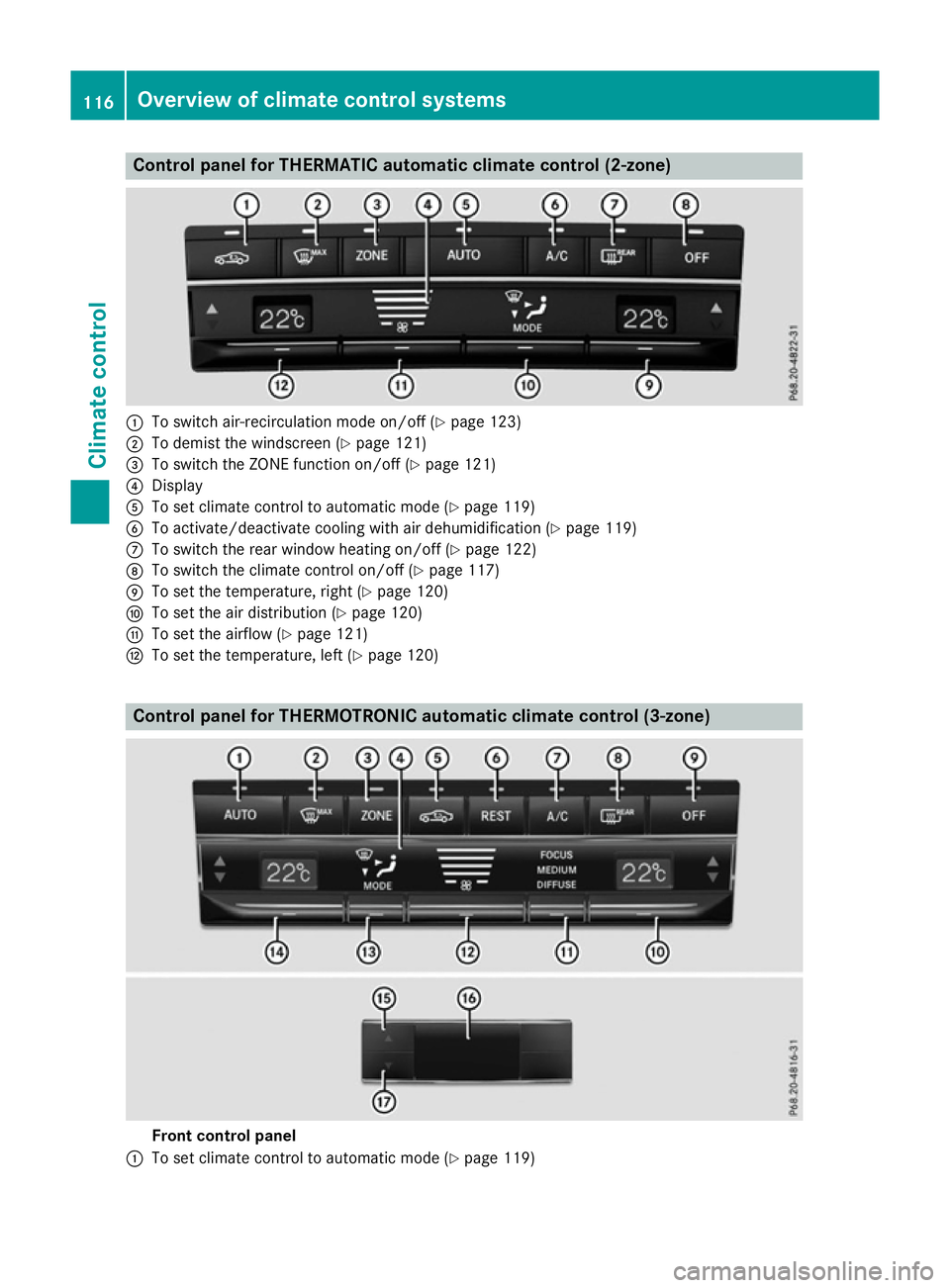 MERCEDES-BENZ E-CLASS COUPE 2015  Owners Manual Control panel for THERMATIC automatic climate control (2-zone)
:
To switch air-recirculation mode on/off (Y page 123)
; To demist the windscreen (Y page 121)
= To switch the ZONE function on/off (Y pa