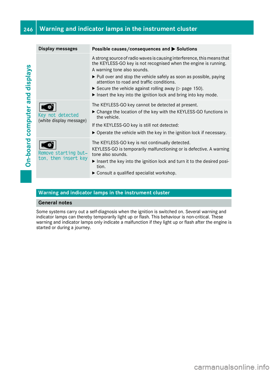 MERCEDES-BENZ E-CLASS COUPE 2015 Owners Manual Display messages
Possible causes/consequences and
M
MSolutions A strong source of radio waves is causing interference, this means that
the KEYLESS-GO key is not recognised when the engine is running.
MERCEDES-BENZ E-CLASS COUPE 2015 Owners Manual Display messages
Possible causes/consequences and
M
MSolutions A strong source of radio waves is causing interference, this means that
the KEYLESS-GO key is not recognised when the engine is running.