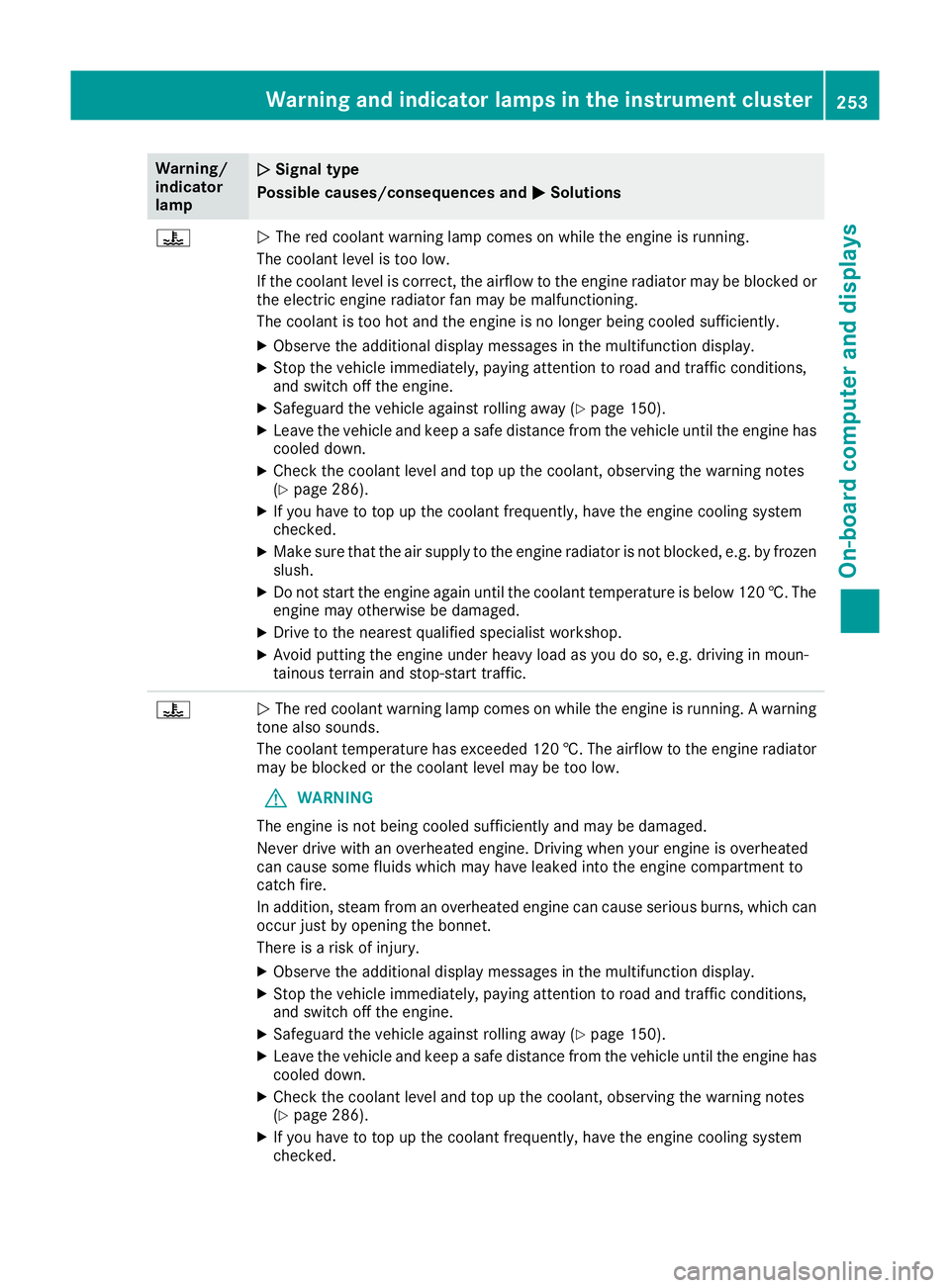 MERCEDES-BENZ E-CLASS COUPE 2015 Owners Manual Warning/
indicator
lamp
N N
Signal type
Possible causes/consequences and M
MSolutions ?
N
The red coolant warning lamp comes on while the engine is running.
The coolant level is too low.
If the coolan MERCEDES-BENZ E-CLASS COUPE 2015 Owners Manual Warning/
indicator
lamp
N N
Signal type
Possible causes/consequences and M
MSolutions ?
N
The red coolant warning lamp comes on while the engine is running.
The coolant level is too low.
If the coolan
