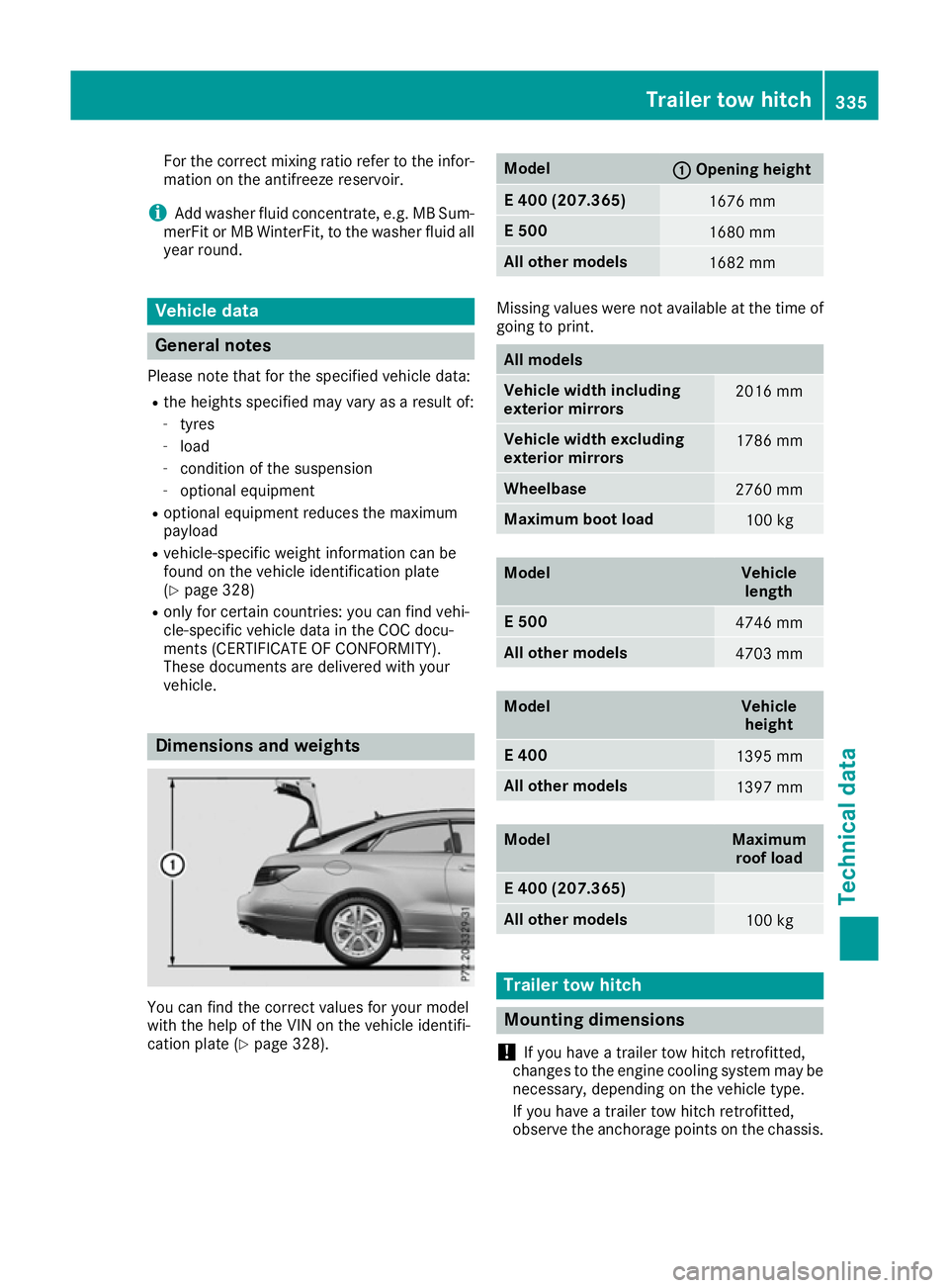 MERCEDES-BENZ E-CLASS COUPE 2015  Owners Manual For the correct mixing ratio refer to the infor-
mation on the antifreeze reservoir.
i Add washer fluid concentrate, e.g. MB Sum-
merFit or MB WinterFit, to the washer fluid all
year round. Vehicle da