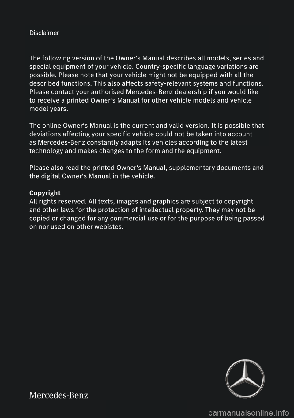 MERCEDES-BENZ E-CLASS COUPE 2009 Owners Manual Disclaimer
Das folgen de PDF -Doku ment für die ses Fahrze ugmodell be zieht sich in allen
Sprachver sionen nur auf die Fahrz euge, d ie fü r den deutsche n Markt best immt
sind und die den d MERCEDES-BENZ E-CLASS COUPE 2009 Owners Manual Disclaimer
Das folgen de PDF -Doku ment für die ses Fahrze ugmodell be zieht sich in allen
Sprachver sionen nur auf die Fahrz euge, d ie fü r den deutsche n Markt best immt
sind und die den d