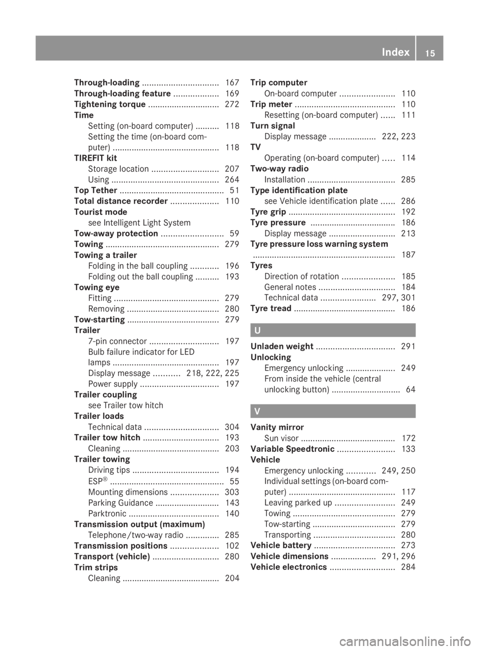 MERCEDES-BENZ E-CLASS COUPE 2009 User Guide Through-loading
................................ 167
Through-loading feature ...................169
Tightening torque .............................. 272
Time Setting (on-board computer) .......... 118