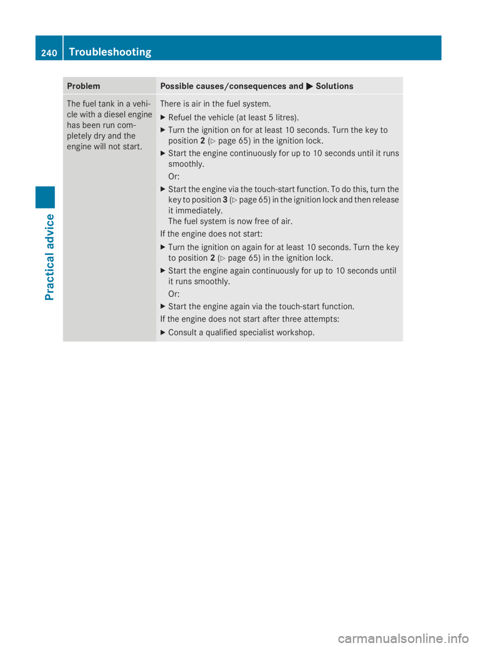 MERCEDES-BENZ E-CLASS COUPE 2009  Owners Manual Problem Possible causes/consequences and
0050
0050Solutions The fuel tank in
avehi-
cle with adiesel engine
has been run com-
pletely dry and the
engine will not start. There is air in the fuel system