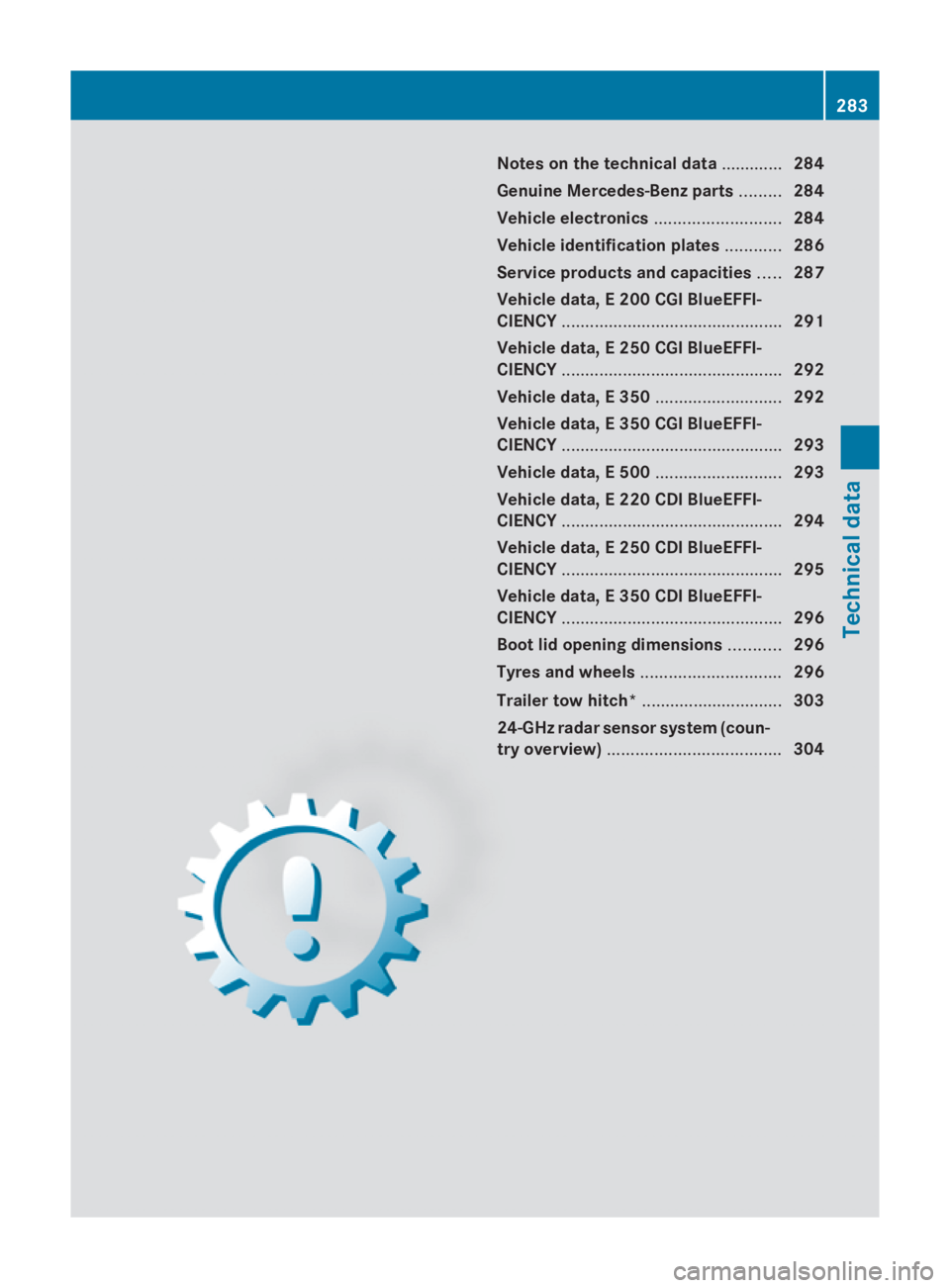 MERCEDES-BENZ E-CLASS COUPE 2009  Owners Manual Note
sont he technica ldata ............. 284
Genuine Mercedes-Benz parts .........284
Vehicle electronics ...........................284
Vehicle identification plates ............286
Service products