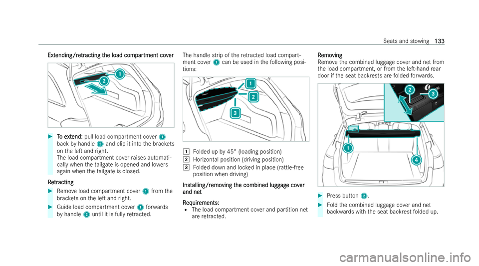 MERCEDES-BENZ E-CLASS ESTATE 2022  Owners Manual Ext
Ext
ending/re
ending/re tr
tracting t
acting t he load com
he load com par
partment cov
tment cov er
er #
T
To e
o e xt
xtend:
end: pull load compartment co ver1
back byhandle 2and clip it into th