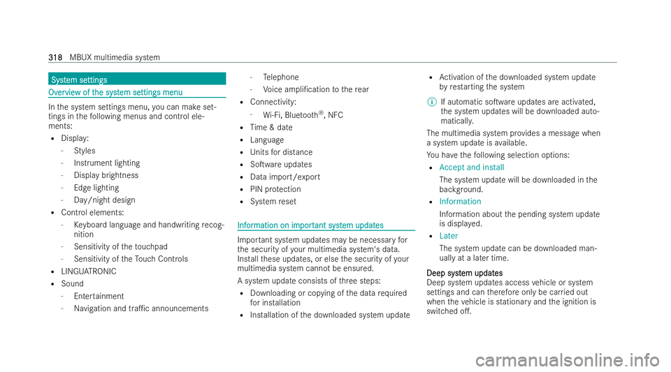 MERCEDES-BENZ E-CLASS ESTATE 2022  Owners Manual Syst
Syst
em se
em se ttings
ttings Ov
Ov
er
ervie
vie w of t
w of t he sy
he syst
stem se
em se ttings menu
ttings menu In
the system settings menu, you can make set-
tings in thefo llowing menus and