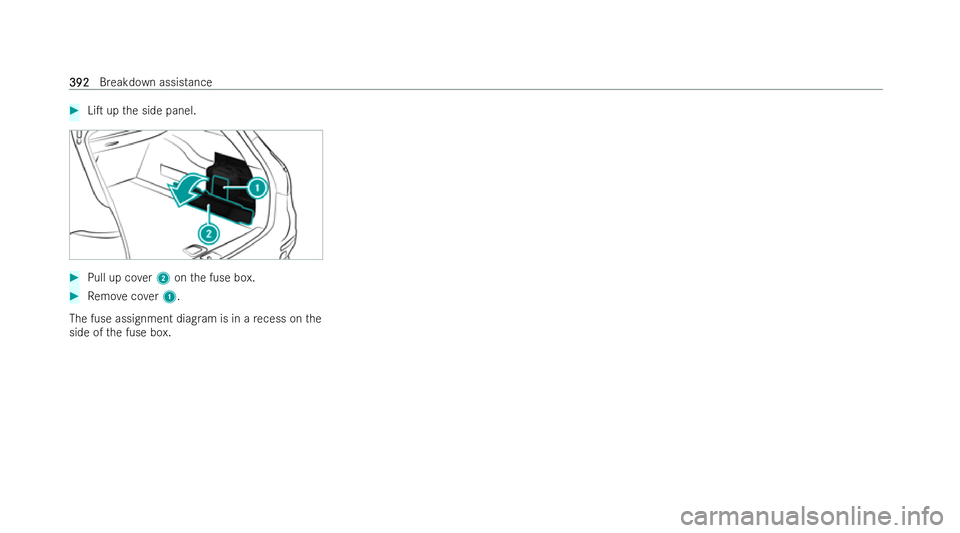 MERCEDES-BENZ E-CLASS ESTATE 2022  Owners Manual #
LiT up the side panel. #
Pull up co ver2 onthe fuse box. #
Remo vecover1.
The fuse assignment diag ram is in a recess on the
side of the fuse box. 392
392
Breakdown assistance 