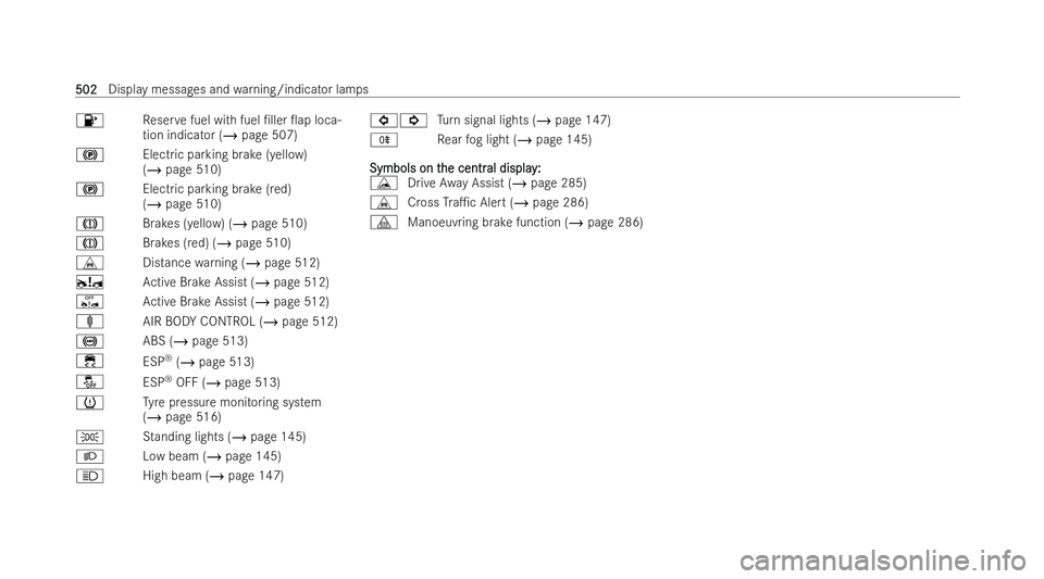 MERCEDES-BENZ E-CLASS ESTATE 2022 User Guide 8
Reser vefuel wi thfuel /ller 0ap loca-
tion indicator (/ page 507)
! Electric parking brake (yellow)
(/page 510)
! Electric parking brake (red)
(/page 510)
J Brakes (yellow) (/ page 510)
J Brakes 