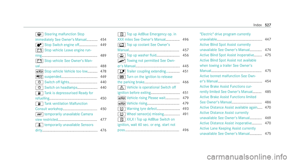 MERCEDES-BENZ E-CLASS ESTATE 2022  Owners Manual Ù
Steering malfunction Stop
immediately See Owner's Manual ........... 454
d Stop Switch engine o................... 449
# Stop vehicle Lea veengine run-
ning ...................................