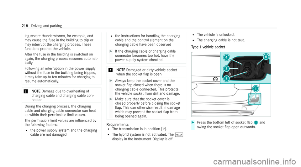 MERCEDES-BENZ E-CLASS ESTATE 2021  Owners Manual ing se
vere thunderstorms, forex ample, and
may cause the fuse in the building totrip or
may inter rupt thech arging process. These
functions pr otect theve hicle.
ATer the fuse in the building is sw