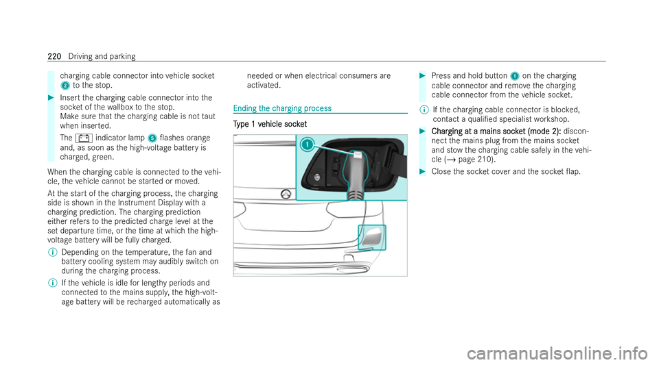 MERCEDES-BENZ E-CLASS ESTATE 2021  Owners Manual ch
arging cable connector into vehicle soc ket
2 tothe stop. #
Insert thech arging cable connector into the
soc ket of thewa llbox tothe stop.
Make sure that thech arging cable is not taut
when inser 
