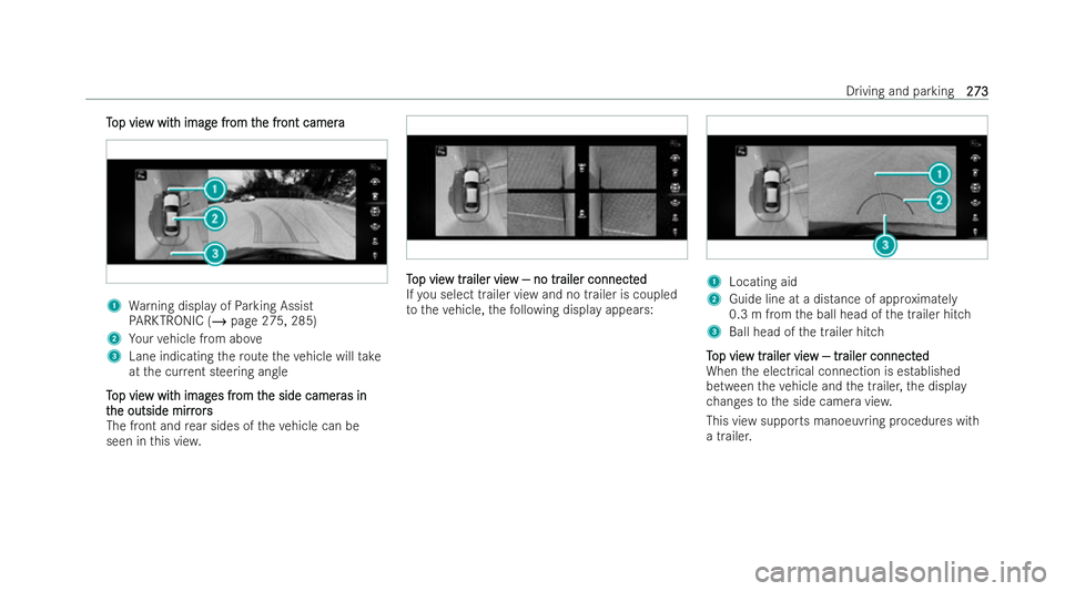 MERCEDES-BENZ E-CLASS ESTATE 2021  Owners Manual T
T
op vie
op vie w wit
w with imag
h imag e fr
e from t
om t he fr
he fr ont camera
ont camera 1
Warning display of Parking Assist
PA RKTRONIC (/ page 275, 285)
2 Your vehicle from abo ve
3 Lane indi