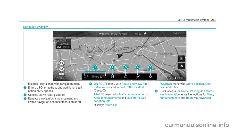 MERCEDES-BENZ E-CLASS ESTATE 2021  Owners Manual N
N
a
avig
vig ation ov
ation overerview
view Example: digital map with navigation menu
1 Enters a POI or address and additional desti-
nation entry options
2 Cancels active route guidance
3 Repeats a