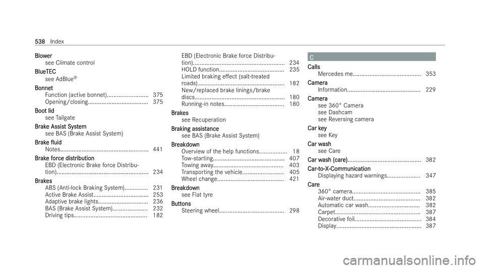 MERCEDES-BENZ E-CLASS ESTATE 2021  Owners Manual Blow
Blow
er
er
see Clima tecont rol
BlueTEC
BlueTEC
see AdBlue ®
Bonnet
Bonnet Function (active bonnet)......................... 375
Opening/closing.................................... 375
Boo
Boo t