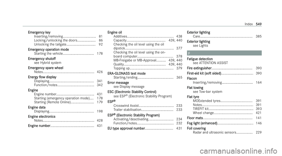 MERCEDES-BENZ E-CLASS ESTATE 2021  Owners Manual Emerg
Emerg
encykey
ency key
Inserting/ removing.................................. 81
Locking/unlocking the door s................... 86
Unlocking theta ilgate.............................. 92
Emerg
E