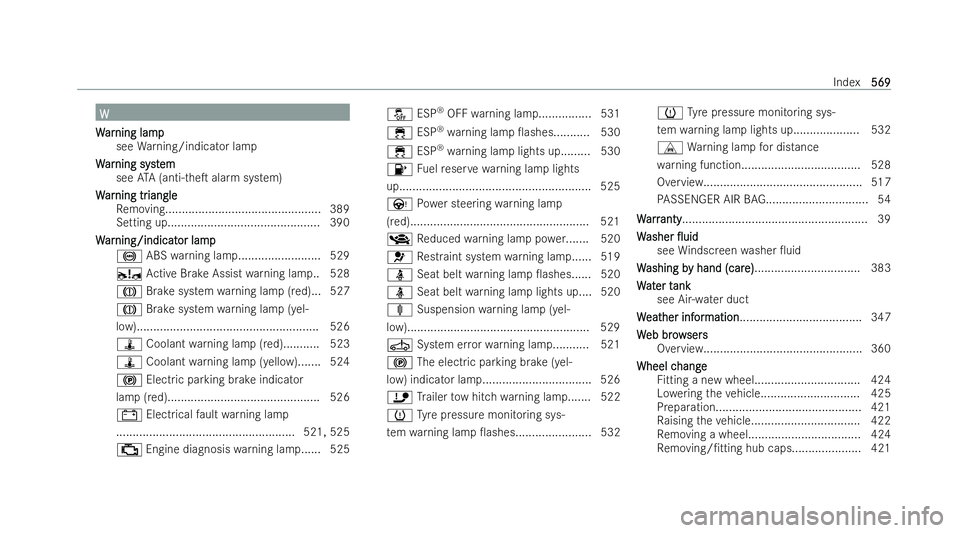 MERCEDES-BENZ E-CLASS ESTATE 2021  Owners Manual W
W
W
W ar
ar ning lamp
ning lamp
see Warning/indicator lamp
W W ar ar ning syst
ning syst em
em
see ATA (anti-theT alarm system)
W
W ar
ar ning tr
ning tr iangle
iangle
Re moving....................