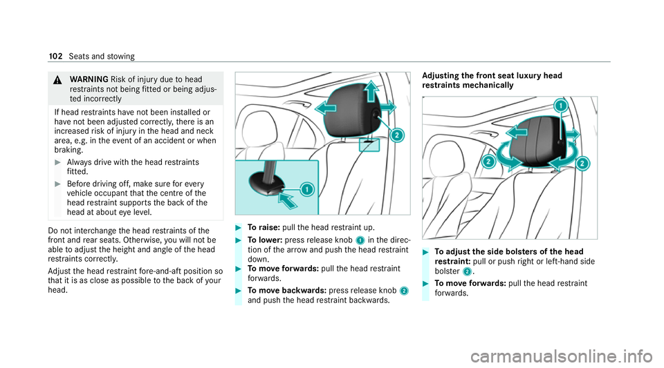 MERCEDES-BENZ E-CLASS ESTATE 2020 Owners Manual &
WARNING Risk of inju rydue tohead
re stra ints not being fitted or being adjus‐
te d incor rectly
If head restra ints ha venot been ins talled or
ha ve not been adjus ted cor rectly, there is an
i MERCEDES-BENZ E-CLASS ESTATE 2020 Owners Manual &
WARNING Risk of inju rydue tohead
re stra ints not being fitted or being adjus‐
te d incor rectly
If head restra ints ha venot been ins talled or
ha ve not been adjus ted cor rectly, there is an
i