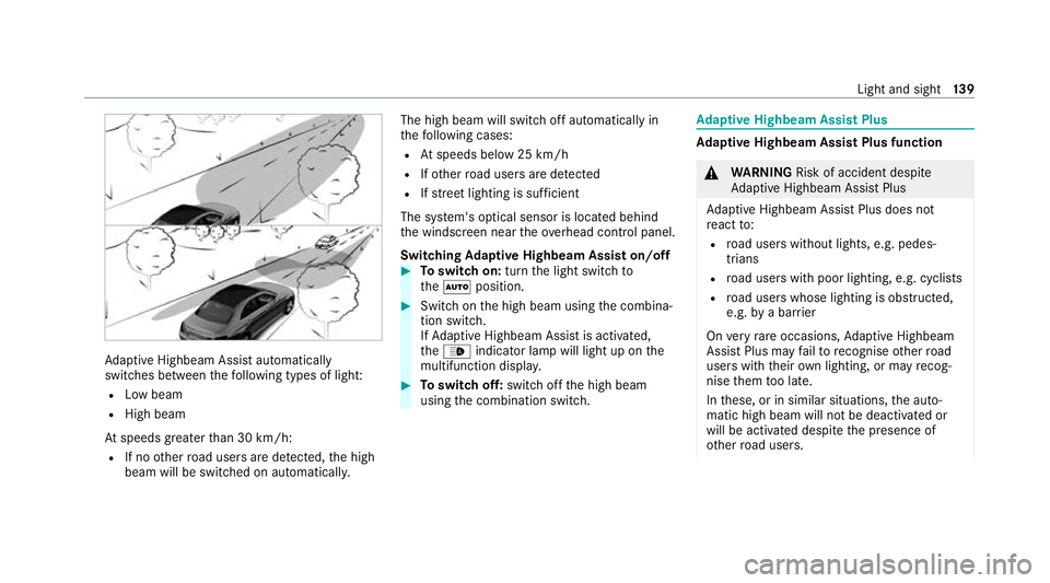 MERCEDES-BENZ E-CLASS ESTATE 2020 Owners Manual Ad
aptive Highbeam Assist automatically
swit ches between thefo llowing types of light:
R Low beam
R High beam
At speeds greater than 30 km/h:
R If no other road users are de tected, the high
beam wil MERCEDES-BENZ E-CLASS ESTATE 2020 Owners Manual Ad
aptive Highbeam Assist automatically
swit ches between thefo llowing types of light:
R Low beam
R High beam
At speeds greater than 30 km/h:
R If no other road users are de tected, the high
beam wil