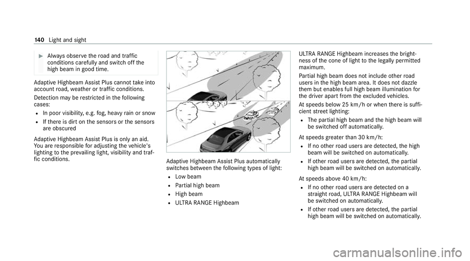 MERCEDES-BENZ E-CLASS ESTATE 2020 Owners Manual #
Alw ays obser vethero ad and traf fic
conditions carefully and switch off the
high beam in good time. Ad
aptive Highbeam Assist Plus cannot take into
account road, weather or traf fic conditions.
De MERCEDES-BENZ E-CLASS ESTATE 2020 Owners Manual #
Alw ays obser vethero ad and traf fic
conditions carefully and switch off the
high beam in good time. Ad
aptive Highbeam Assist Plus cannot take into
account road, weather or traf fic conditions.
De