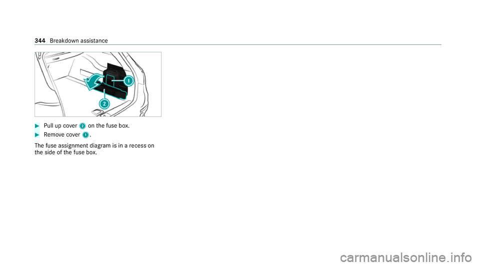 MERCEDES-BENZ E-CLASS ESTATE 2020 Owners Manual #
Pull up co ver2 onthe fuse box. #
Remo vecover1.
The fuse assignment diagram is in a recess on
th e side of the fuse box. 344
Breakdown assis tance MERCEDES-BENZ E-CLASS ESTATE 2020 Owners Manual #
Pull up co ver2 onthe fuse box. #
Remo vecover1.
The fuse assignment diagram is in a recess on
th e side of the fuse box. 344
Breakdown assis tance