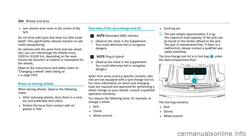 MERCEDES-BENZ E-CLASS ESTATE 2020 Owners Manual R
rear wheels wear more in the cent reofthe
tyre
Do not drive wi thtyres that ha vetoo little tread
dep th. This significantly reduces traction on wet
ro ads (aquaplaning).
On vehicles with the same f MERCEDES-BENZ E-CLASS ESTATE 2020 Owners Manual R
rear wheels wear more in the cent reofthe
tyre
Do not drive wi thtyres that ha vetoo little tread
dep th. This significantly reduces traction on wet
ro ads (aquaplaning).
On vehicles with the same f