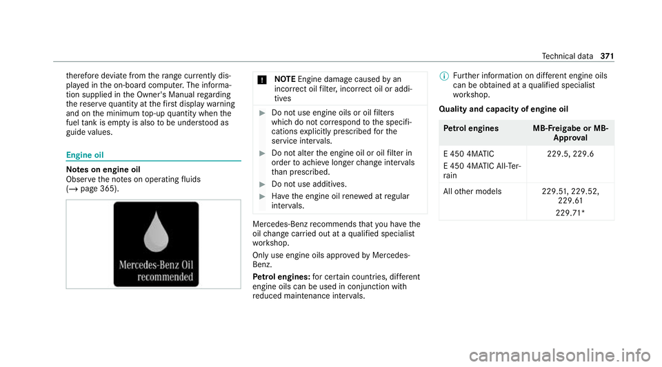 MERCEDES-BENZ E-CLASS ESTATE 2020  Owners Manual th
erefore deviate from thera nge cur rently dis‐
pl ay ed in the on-board computer. The informa‐
tion supplied in the Owner's Manual rega rding
th ere ser vequantity at thefirs t display warn