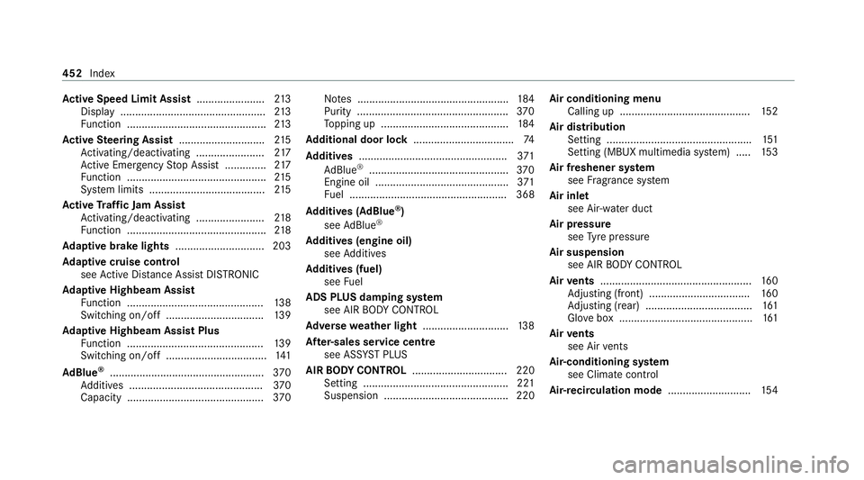 MERCEDES-BENZ E-CLASS ESTATE 2020  Owners Manual Ac
tive Speed Limit Assi st....................... 213
Displ ay................................................. 213
Fu nction ............................................... 213
Ac tive Steering Assi